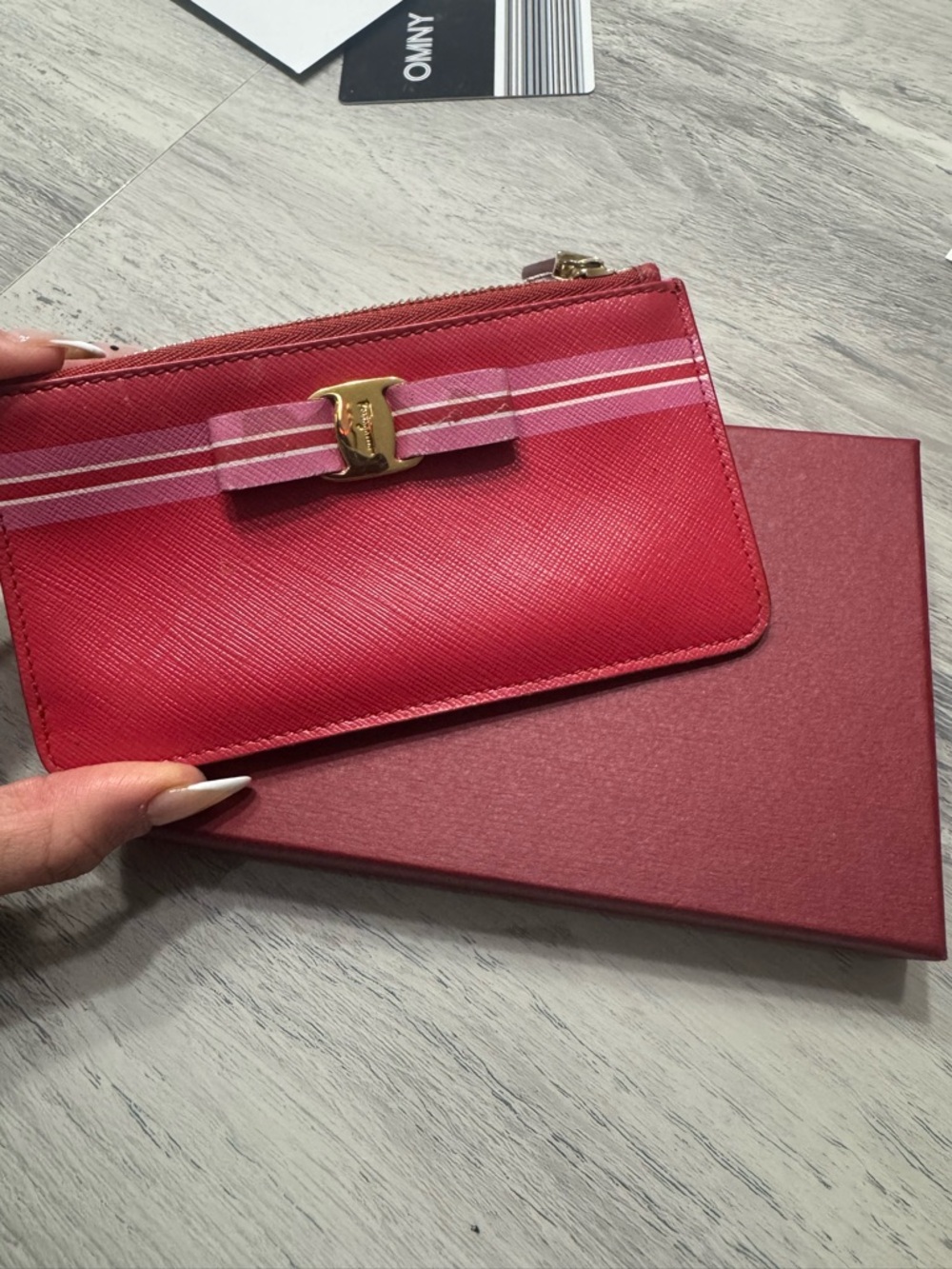 Salvatore Ferragamo Pink-Red Bow Zip Card Case Wallet